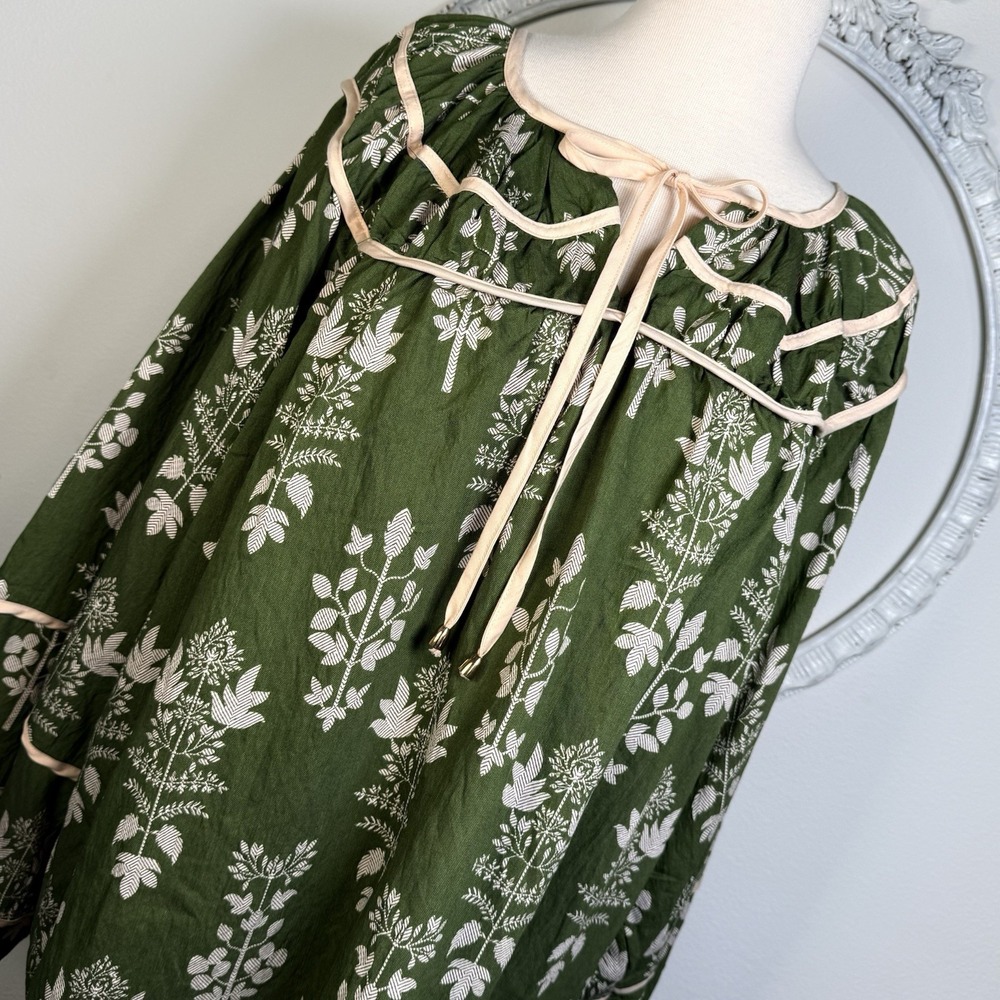 Chic Soul Floral Tie Neck Blouse Womens 3XL Green Plus Size Boho Peasant Top